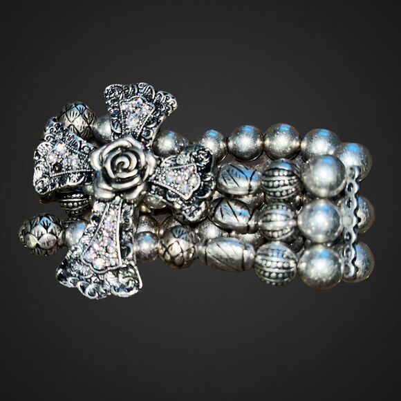 Chunky Silver Three Row Beaded Stretch Bracelet With Cross - Picture 2 of 4